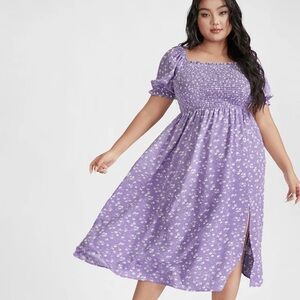 Bloom Chic Ditsy Floral Square Neck Split Dress Plum Purple 16